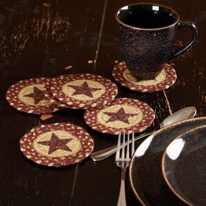 NEW! Primitive Burgundy Star Jute Braided Coaster Set of Six Farmhouse Country